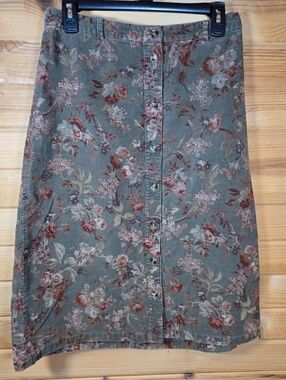 Eddie Bauer Skirt Cotton Cordouroy Button Olive Green Floral Country Cottage 12